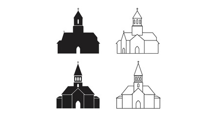 Church Building Silhouettes And Line Art On White Background Silhouette © MDRAYHAN