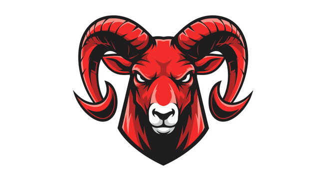 Fierce red ram head mascot with curved horns