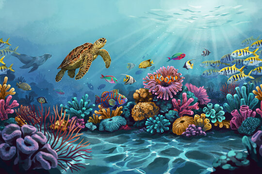 Vibrant underwater scene with a sea turtle swimming over a colorful coral reef filled with tropical fish and sea anemones