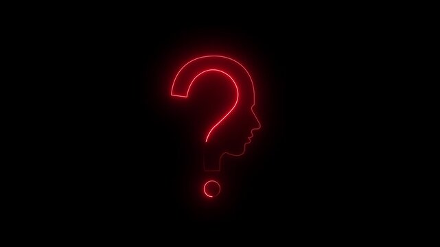 "Glowing neon human head with question mark icon on black background. Smooth neon glow effect."