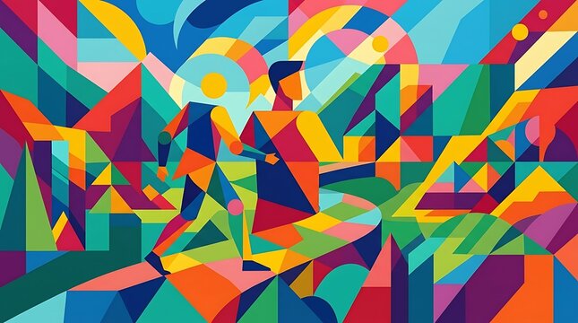Silhouette runner jogging through vibrant geometric abstract colorful background with sunburst rays