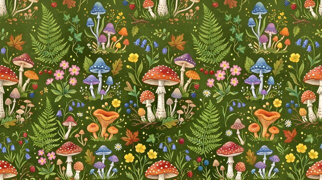 Colorful mushrooms and flowers in a forest seamless pattern