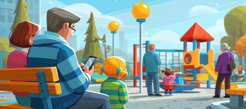 Parents supervising children at playground while adult checks accident coverage app