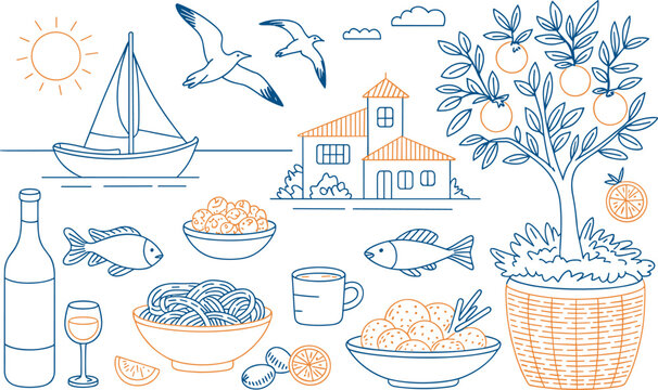 Mediterranean lifestyle travel and food icons set with orange tree and sailing boat