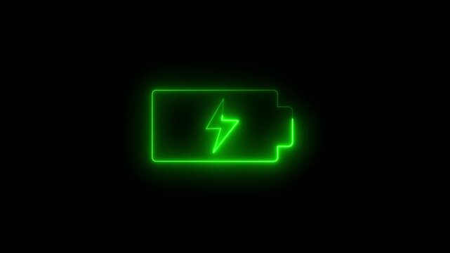 Glowing neon battery icon animation on black background.