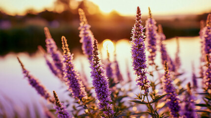 Obraz premium Tall purple flowers stand elegantly by tranquil water as the setting sun casts a warm, peaceful glow across the landscape. Nature's beauty at dusk.