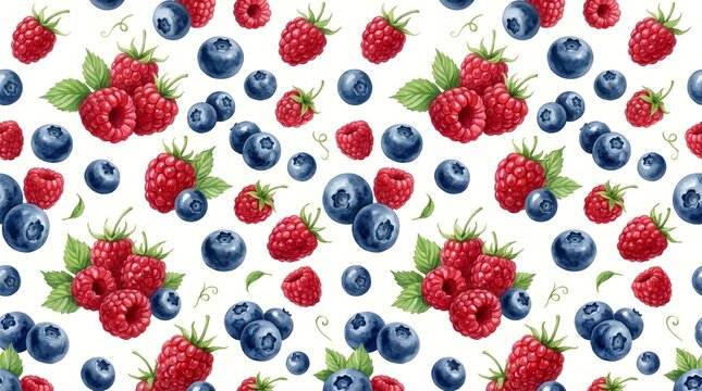 Raspberries and blueberries scattered on white background