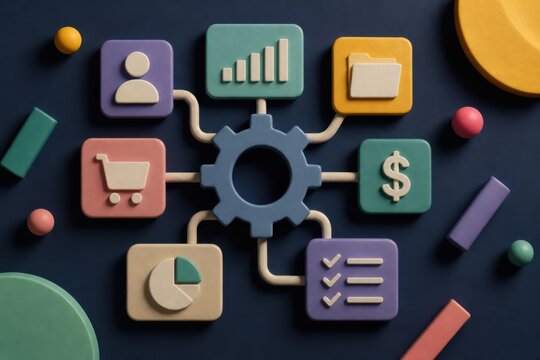 3D business workflow concept with gear and commerce icons