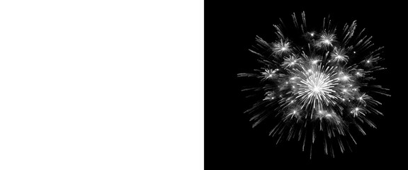 Fototapeta premium Monochrome firework explosion on black background, white pyrotechnic burst with alpha channel mask, festive light sparks for holiday overlays
