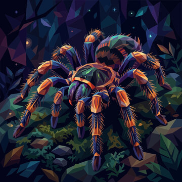 Geometric Tarantula Spider with Colorful Legs in Dark Forest