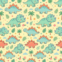 Obraz premium Cute seamless pattern featuring hand drawn cartoon dinosaurs with tropical palm trees and leaves for nursery wallpaper and children fabric design