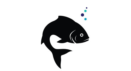 Fototapeta premium Black silhouette of a swimming fish with small colorful blue and purple bubbles coming out of its mouth on white background.