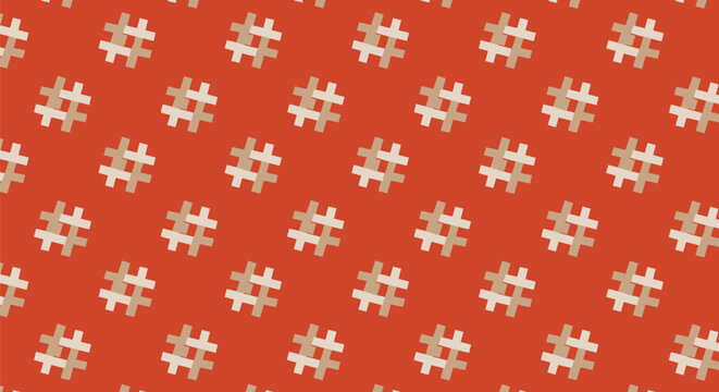 Bold and repetitive pattern showcases numerous hashtag symbols in various shades of beige and white, dynamically arranged across a vibrant red background, perfect for social media themes.