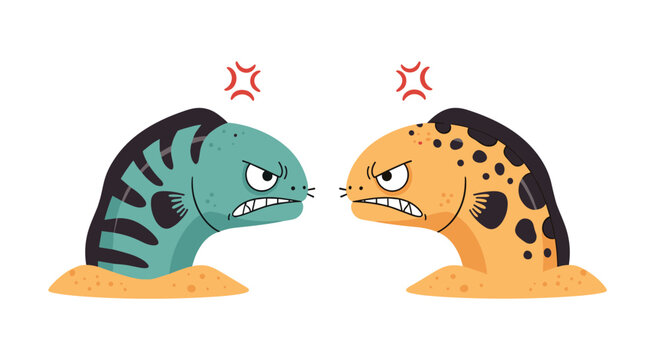 Two angry cartoon eels with fierce expressions facing each other as if in a heated confrontation or disagreement in sea.