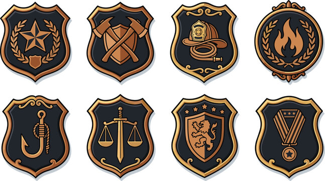 Vintage Bronze Shield Badge and Emblem Icon Set for Firefighter Security Law Enforcement Military and Coat of Arms Game UI Vector Design