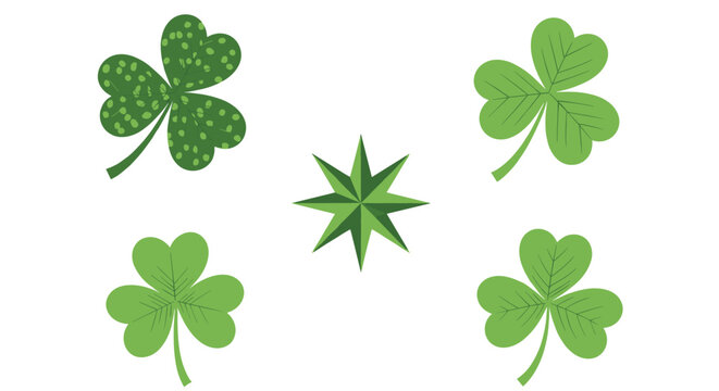 Four green clover leaves and a central eight pointed star symbol in a symmetrical layout on white background.