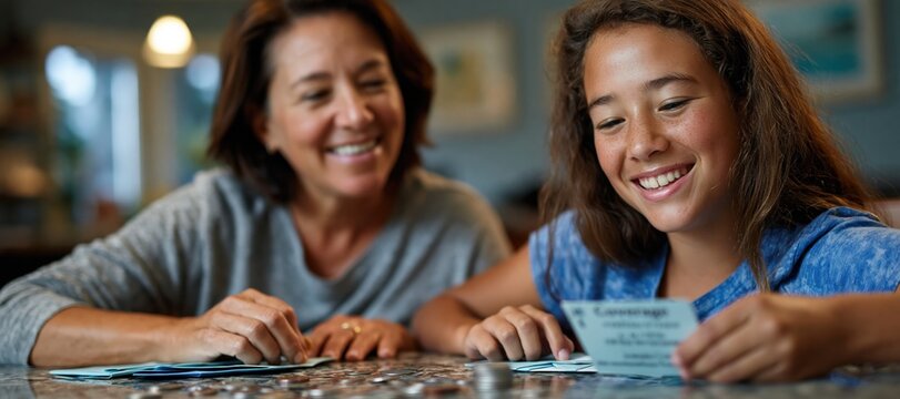 Parent teaching teenager money management with coins and envelopes at home