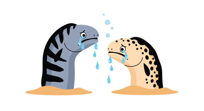 Two sad cartoon eels peeking from the sandy ocean floor with large blue tears crying in distress on white background.