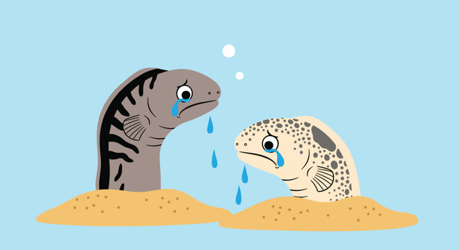 Two sad garden eels are seen crying with large blue tears while peeking out from their sandy burrows in the ocean.