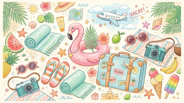 Summer vacation items with flamingo float and suitcase
