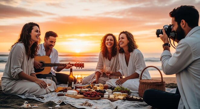 Sunset Beach Picnic Friends Making Memories with Music and Photography