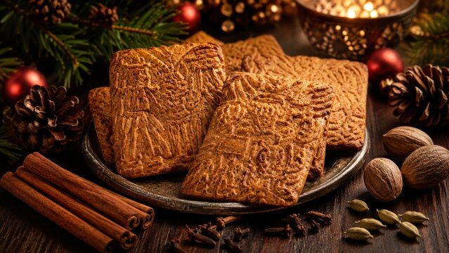 Traditioneller Gew&uuml;rz-Spekulatius mit detailreichen Pr&auml;gungen auf festlicher Weihnachtstafel. Beliebtes deutsches Weihnachtsgeb&auml;ck mit winterlichen Gew&uuml;rzen und Adventsstimmung.