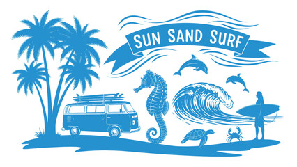 Obraz premium Blue sun sand surf illustration with palm trees and van