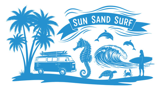 Blue sun sand surf illustration with palm trees and van