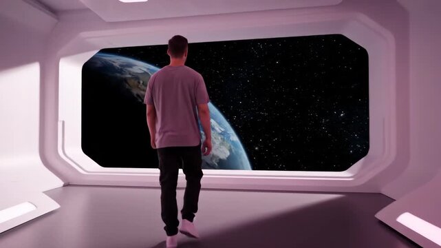 A male astronaut stands inside a futuristic spaceship cabin looking through a large panoramic window at planet earth and deep space stars evoking thoughts of cosmic exploration and future space travel