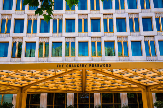 The Chancery Rosewood Hotel Logo, Former US Embassy Building, Grosvenor Square, Mayfair, London, England, UK - June 2026