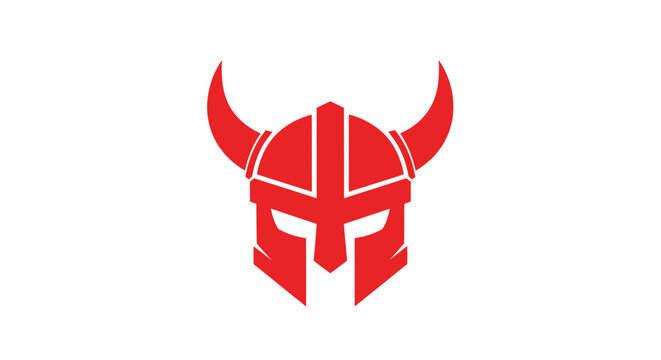 Minimalist red horned viking helmet mascot logo