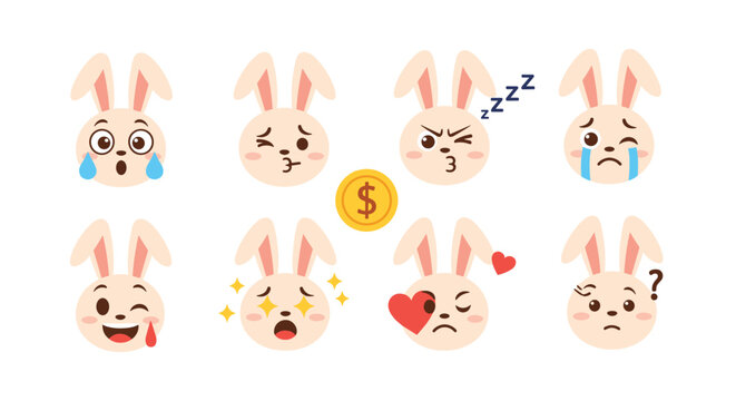 Cute rabbit character stickers set includes eight different expressive faces with emotions ranging from happy and crying to sleepy and surprised.