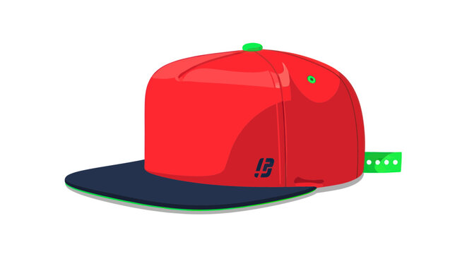 Red baseball cap with navy blue flat brim and green accents