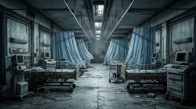 Abandoned Hospital Ward With Medical Beds And Monitors