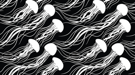 Seamless pattern featuring white jellyfish silhouettes arranged on a solid black background, for marine life projects © Sifat