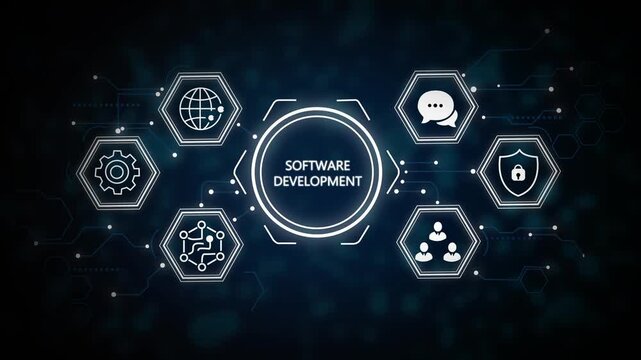 Software development team collaboration and technical process abstract design. business technology. 3d Motion graphics of technology icon