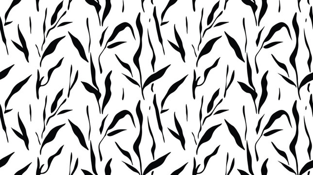 Seamless pattern of black hand drawn abstract leafy plant silhouettes on a white background, for fabric print