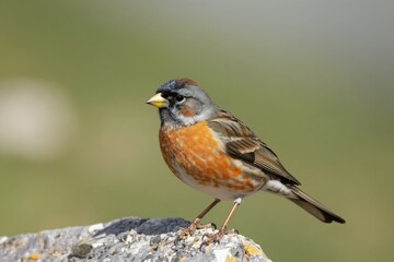 Fototapeta premium accentor bird with orange breast sits on rock in mountains. Gray head bird with yellow beak rests on stone. Wild songbird in natural habitat.