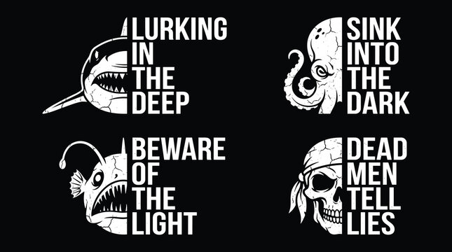 Set of four nautical themed emblems featuring a shark, octopus, anglerfish, and human skull with bold white typography on a solid black background, for apparel or stickers