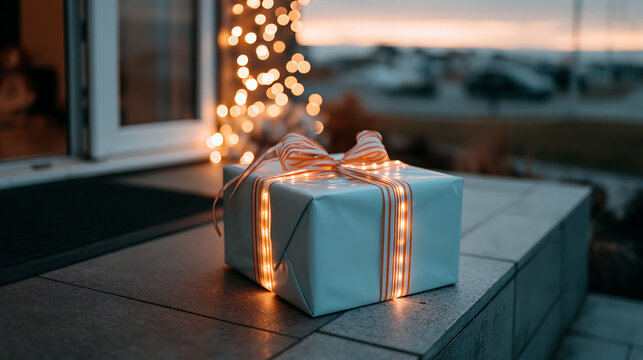 beautifully wrapped christmas gift box glowing with warm string lights perfect for holiday celebration festive decoration
