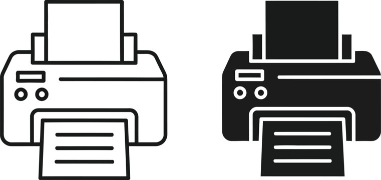 Two simplified icons of a printer device with paper output in line art and solid silhouette styles