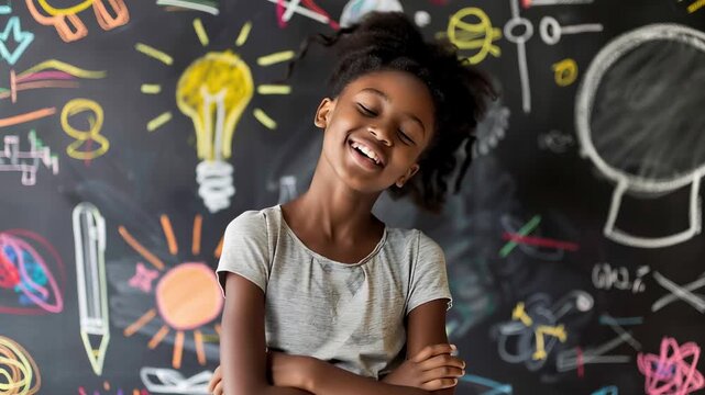 Confident young African American girl standing proudly in front of blackboard with lightbulb drawing and colorful doodle, representing childhood inspiration and creative learning concept.