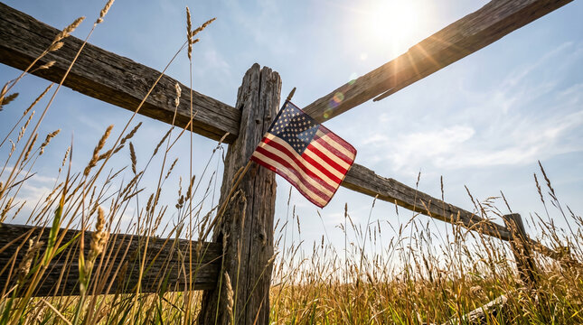 Extreme low-angle shot from a field of tall, sun-bleached grass, looking up at a weathered wooden fence where a small American flag is tucked.