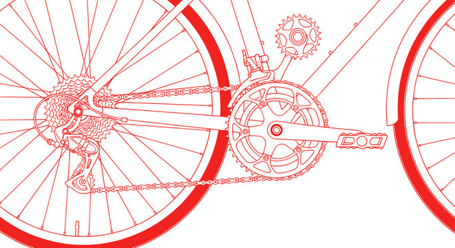 Bicycle drivetrain with gears and chain in red line art