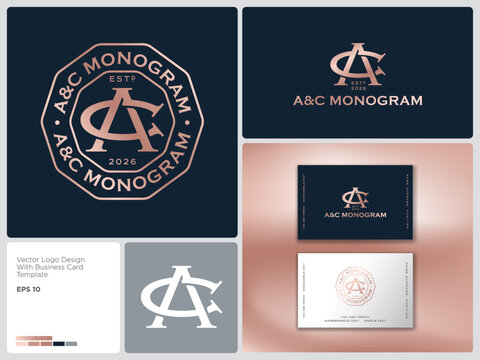 Premium monogram of pink  gold intersecting letters A and C in a thin round decagon frame with letters. Abstract logo. Brand identity. Business card.