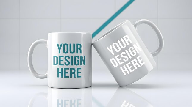 Minimalist white ceramic mug mockup, two coffee cups with your design here text, clean porcelain mugs for branding and merchandise presentation