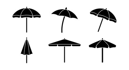 Fototapeta premium Black Beach Umbrella Silhouettes, Summer Parasol Icon Set, Sunshade Graphics for Vacation and Outdoor Designs, Minimalist Weather Protection Vector Collection
