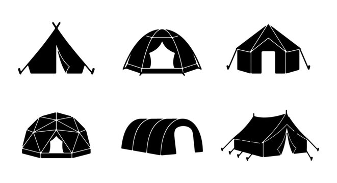 Camping tent vector icon set, black silhouette outdoor shelter illustrations, various shapes for adventure, hiking, and travel designs