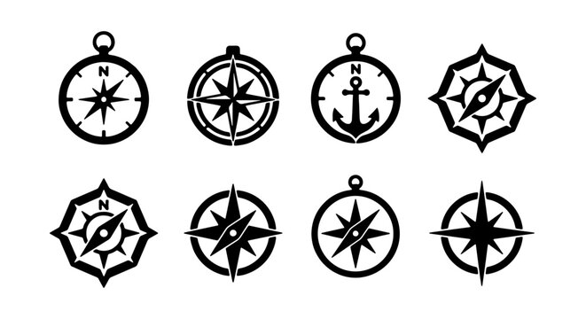 Nautical Compass Icons, Set of 8 Vector Graphics, Marine Navigation Symbols, Vintage Wind Rose Designs for Adventure and Travel