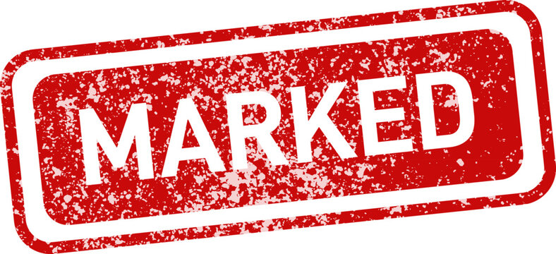 Red 'marked' stamp with stars approval validation or status indication graphic